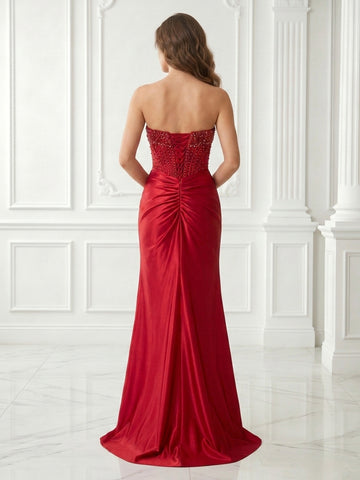 A Line Strapless Satin Sleeveless Long Evening Dresses with Slit