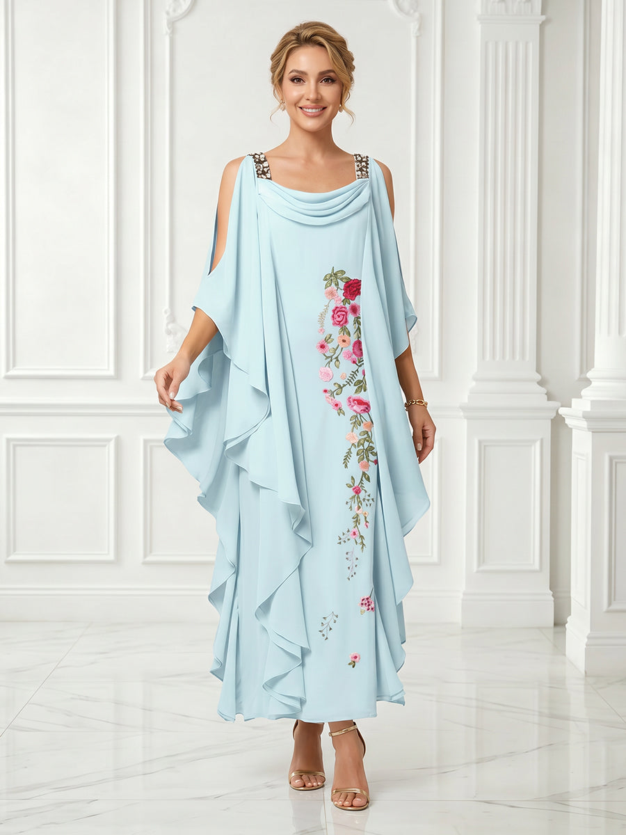 Chiffon Embroidery A Line Cowl Neck Ruffles Sleeveless Long Evening Dresses