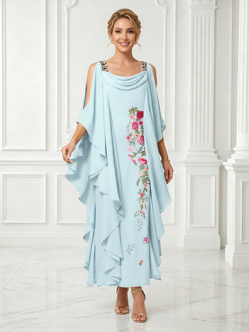 Chiffon Embroidery A Line Cowl Neck Ruffles Sleeveless Long Evening Dresses