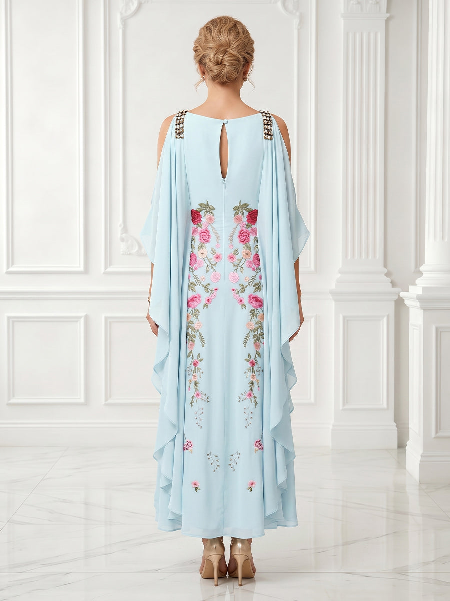 Chiffon Embroidery A Line Cowl Neck Ruffles Sleeveless Long Evening Dresses