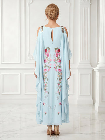 Chiffon Embroidery A Line Cowl Neck Ruffles Sleeveless Long Evening Dresses