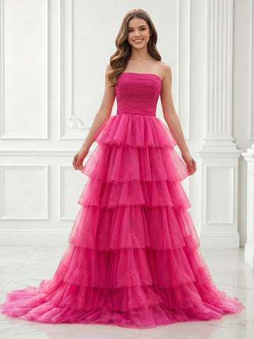 Tulle Strapless A Line Tiered Sleeveless Long Evening Dresses