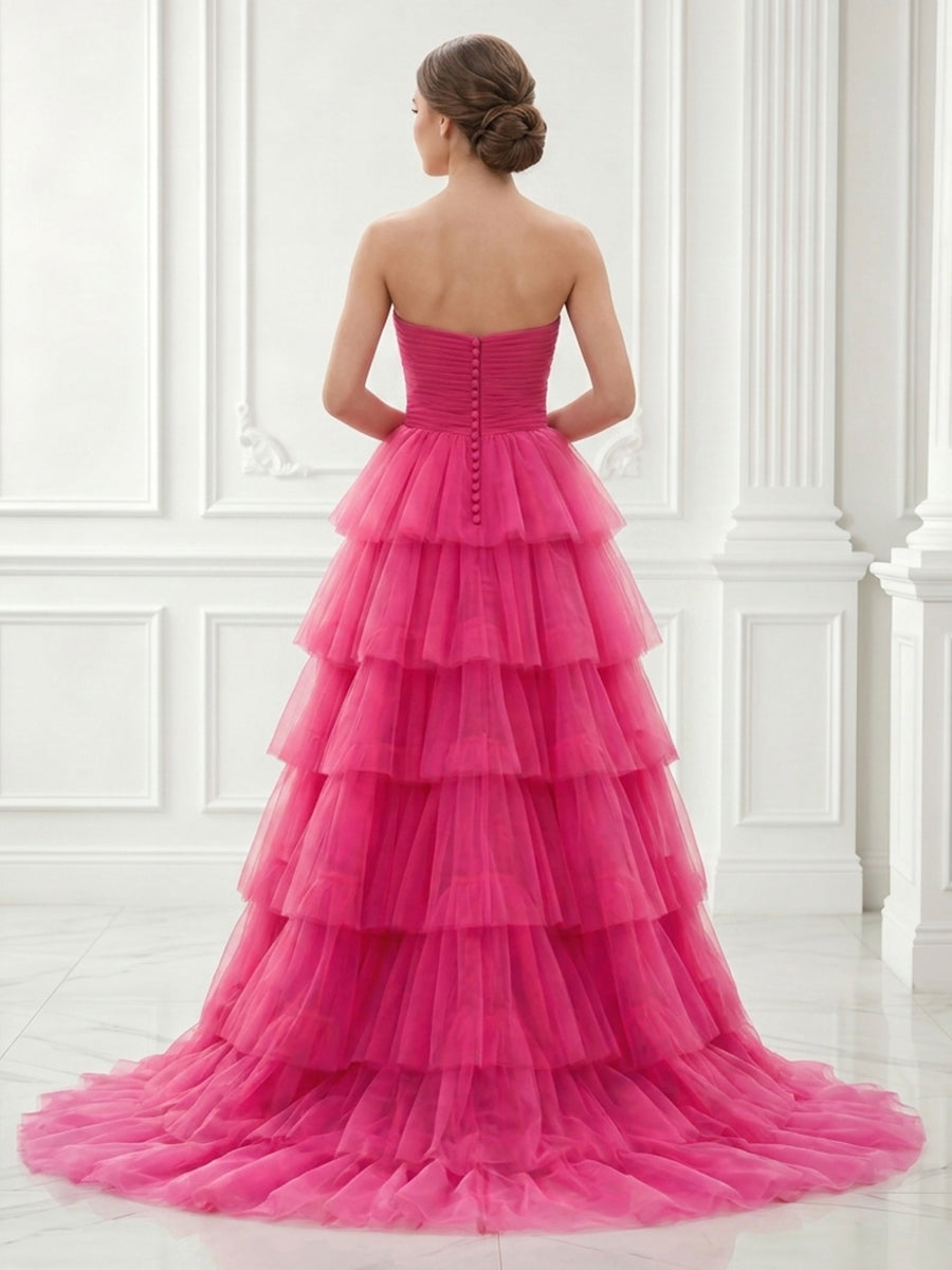 Tulle Strapless A Line Tiered Sleeveless Long Evening Dresses
