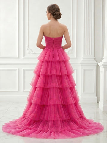 Tulle Strapless A Line Tiered Sleeveless Long Evening Dresses