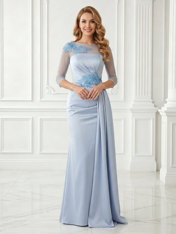 Satin High Neck 3/4 Lace Sleeves A Line Long Evening Dresses with Pleated