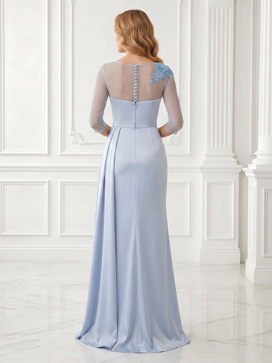 Satin High Neck 3/4 Lace Sleeves A Line Long Evening Dresses with Pleated