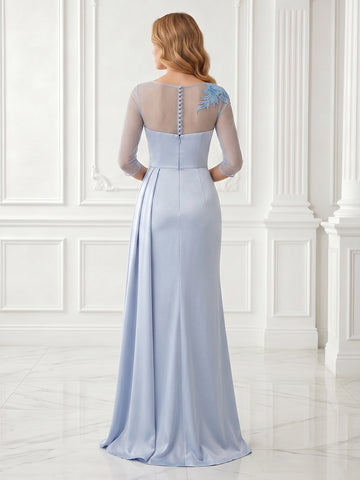 Satin High Neck 3/4 Lace Sleeves A Line Long Evening Dresses with Pleated
