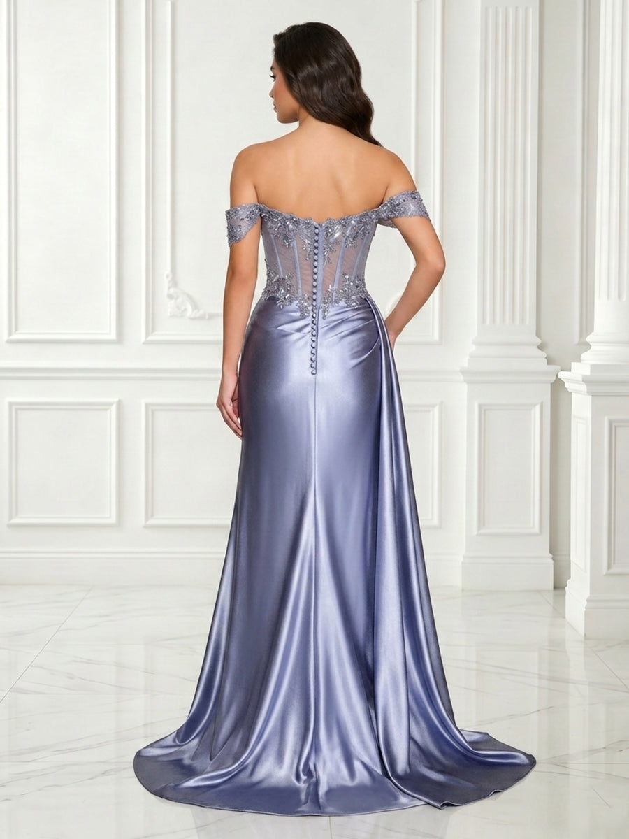 Off Shoulder Satin Corset A Line Lace Appliques Evening Dresses with Pleated