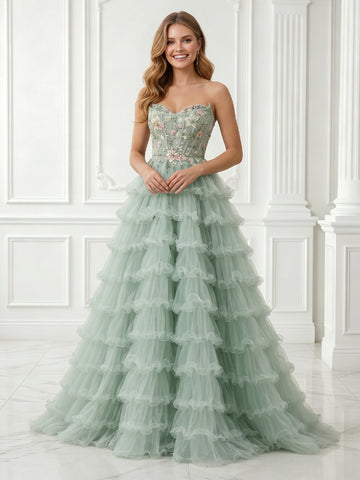 A Line Strapless Tulle Sleeveless Tiered Long Evening Dresses