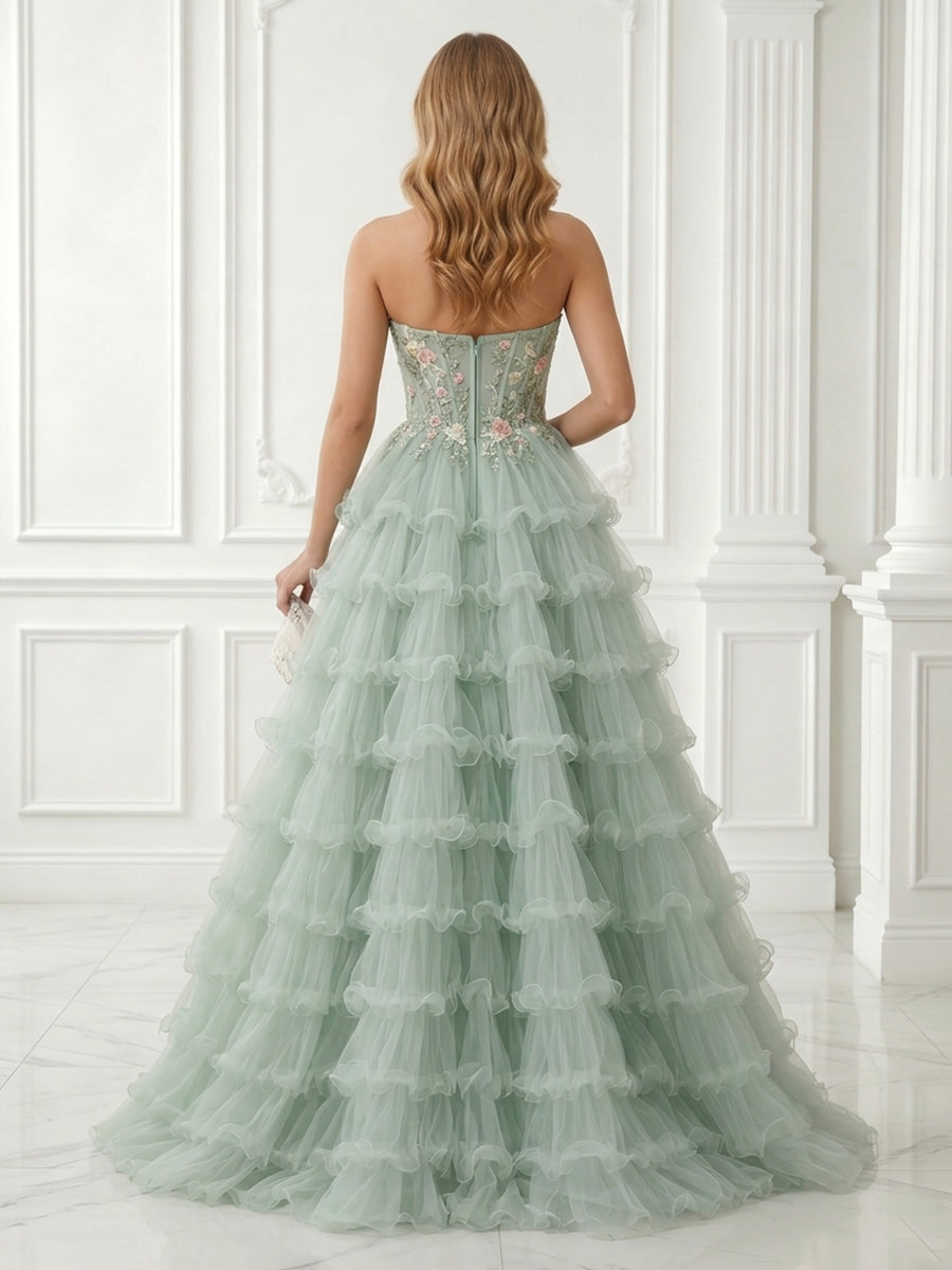 A Line Strapless Tulle Sleeveless Tiered Long Evening Dresses
