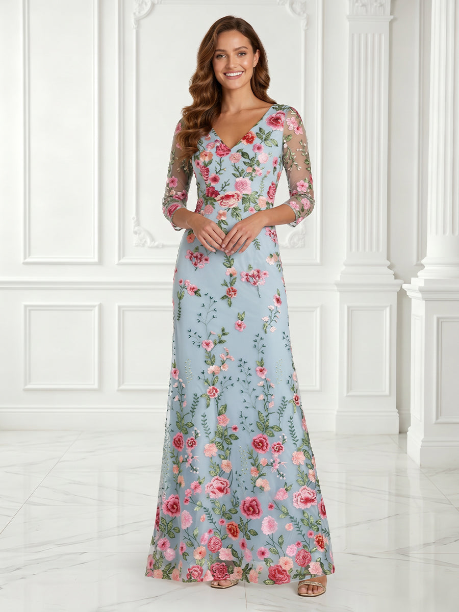 Embroidery A Line V Neck 3/4 Sleeves Long Evening Dresses