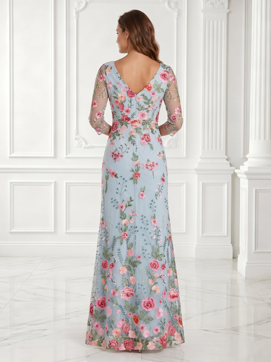 Embroidery A Line V Neck 3/4 Sleeves Long Evening Dresses