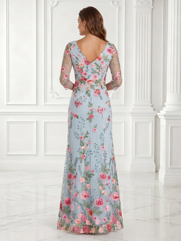 Embroidery A Line V Neck 3/4 Sleeves Long Evening Dresses