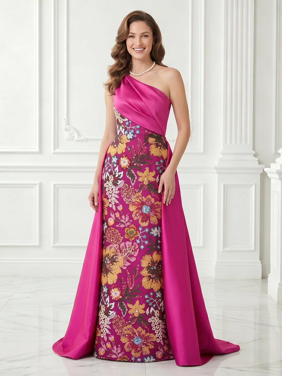 Satin One Shoulder Jacquard Strapless A Line Sleeveless Long Evening Dresses