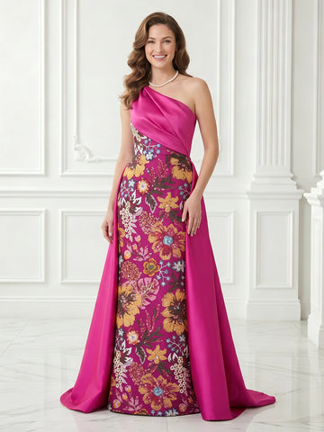 Satin One Shoulder Jacquard Strapless A Line Sleeveless Long Evening Dresses