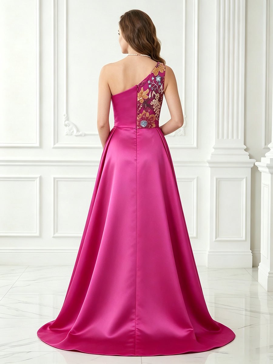 Satin One Shoulder Jacquard Strapless A Line Sleeveless Long Evening Dresses