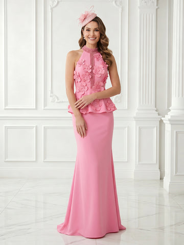 Satin High Neck A Line Sleeveless Lace Appliques Evening Dresses
