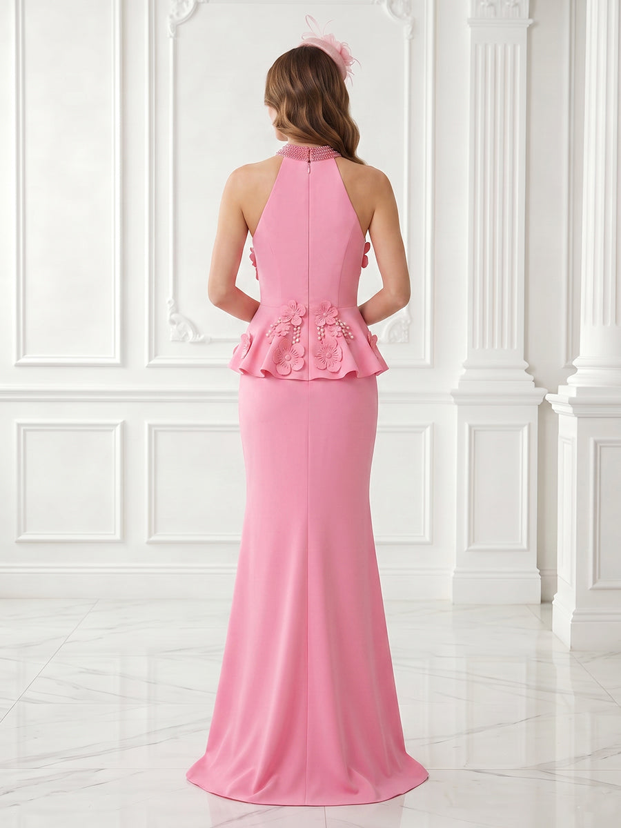 Satin High Neck A Line Sleeveless Lace Appliques Evening Dresses