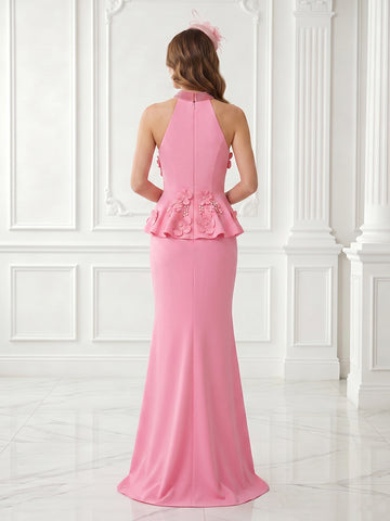 Satin High Neck A Line Sleeveless Lace Appliques Evening Dresses
