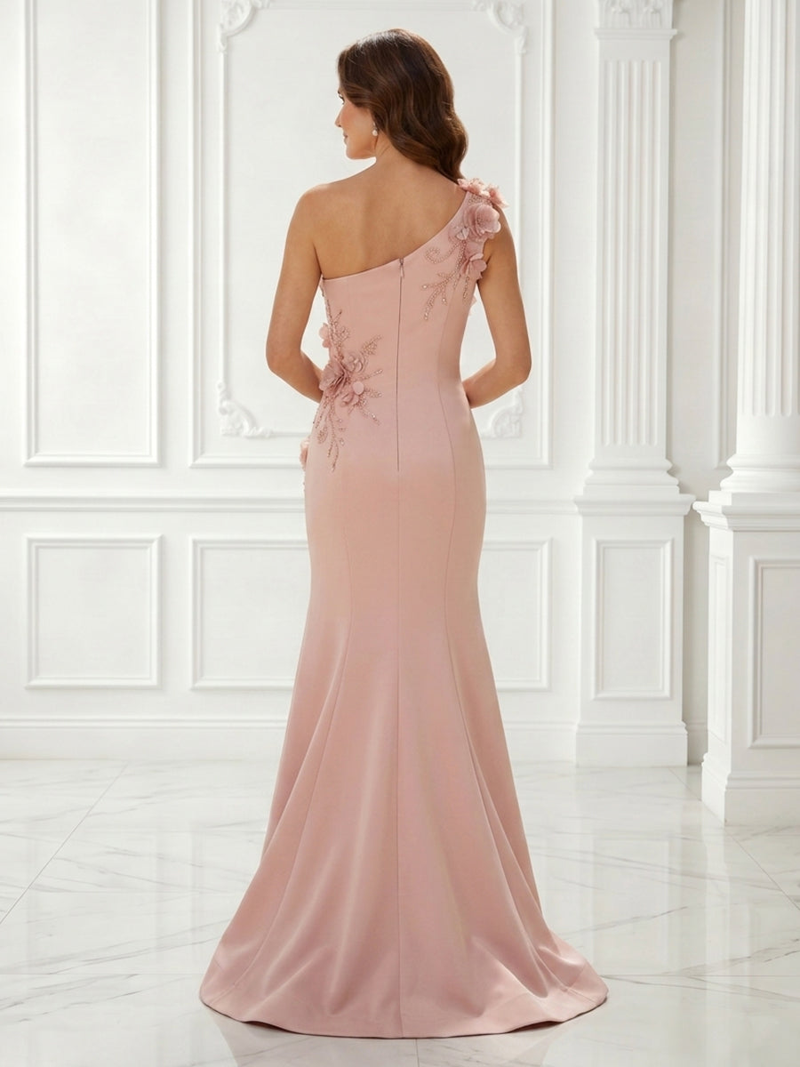 Mermaid One Shoulder Sleeveless Evening Dresses with Flower