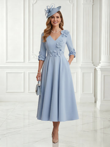 A Line V Neck 3/4 Sleeves Long Evening Dresses with Flower