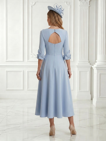 A Line V Neck 3/4 Sleeves Long Evening Dresses with Flower