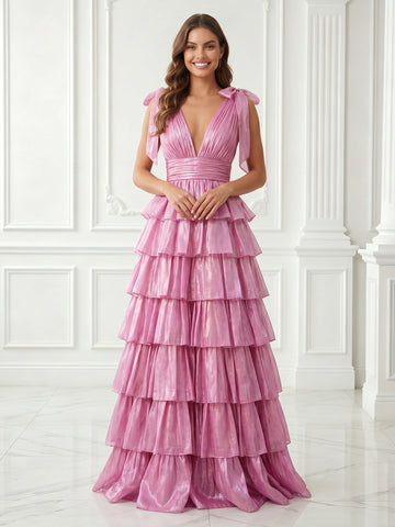 A Line V Neck Sleeveless Pleated Tiered Long Evening Dresses