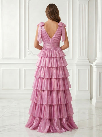 A Line V Neck Sleeveless Pleated Tiered Long Evening Dresses