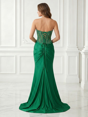Mermaid Strapless Sleeveless Long Evening Dresses with Slit