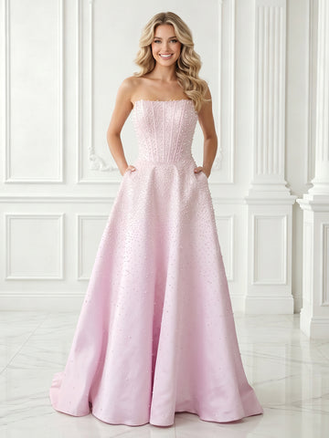 A Line Strapless Sleeveless Long Evening Dresses with Pockets