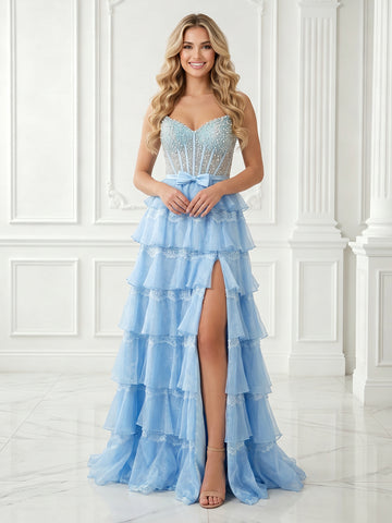 A Line Strapless Sleeveless Tiered Long Evening Dresses with Bow