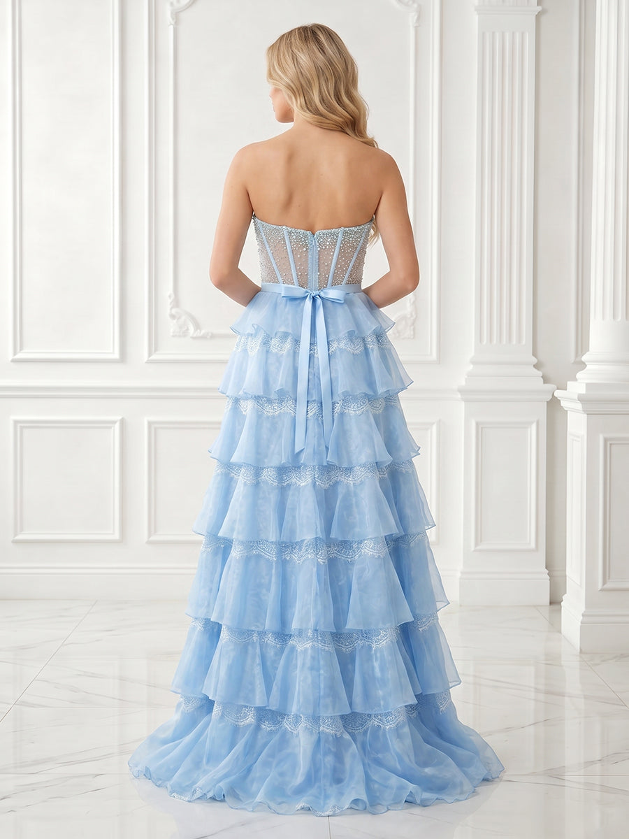 A Line Strapless Sleeveless Tiered Long Evening Dresses with Bow