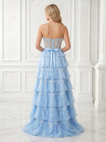 A Line Strapless Sleeveless Tiered Long Evening Dresses with Bow