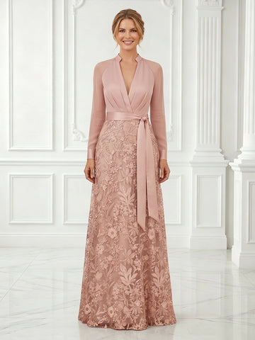 A Line V Neck Long Sleeves Evening Dresses with Belt