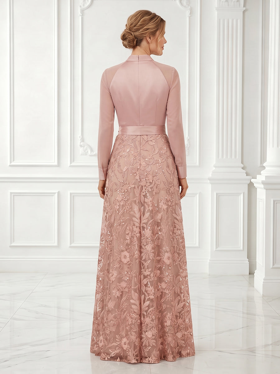 A Line V Neck Long Sleeves Evening Dresses with Belt