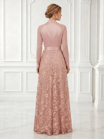 A Line V Neck Long Sleeves Evening Dresses with Belt