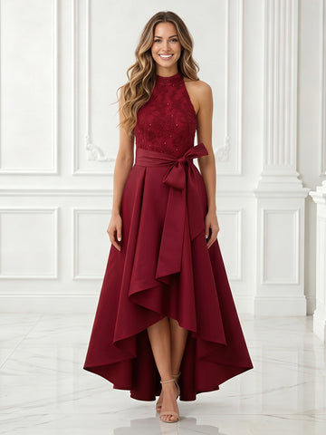 A Line High Neck Sleeveless High Low Evening Dresses with Bow