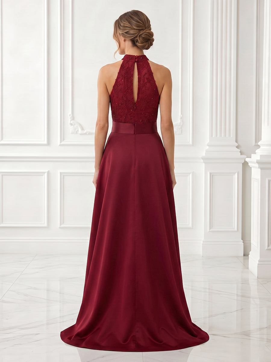 A Line High Neck Sleeveless High Low Evening Dresses with Bow
