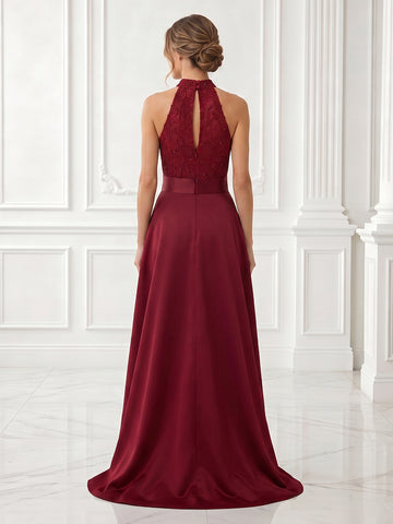 A Line High Neck Sleeveless High Low Evening Dresses with Bow