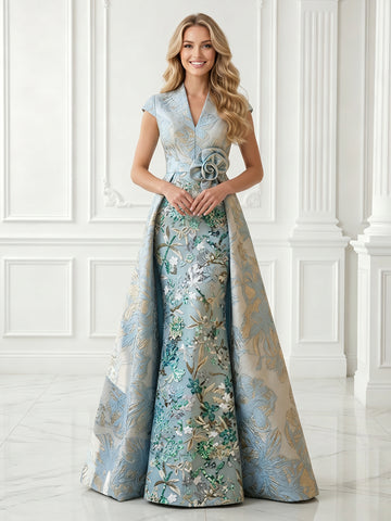 Mermaid V Neck Short Sleeves Long Evening Dresses with Flower
