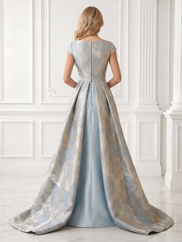 Mermaid V Neck Short Sleeves Long Evening Dresses with Flower