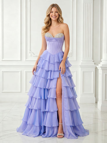 A Line Strapless Sleeveless Tiered Long Evening Dresses