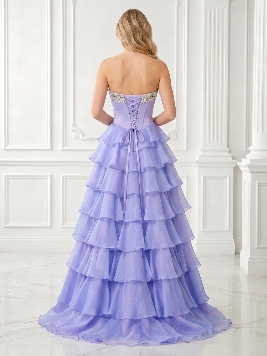 A Line Strapless Sleeveless Tiered Long Evening Dresses
