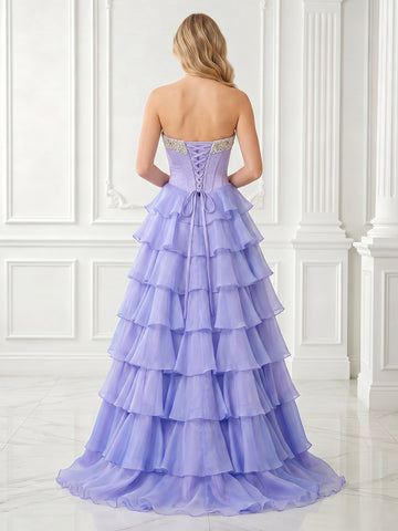 A Line Strapless Sleeveless Tiered Long Evening Dresses