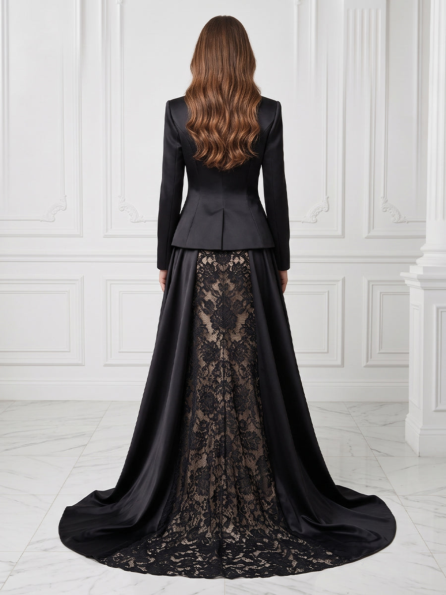 A Line V Neck Long Sleeves Evening Dresses with Slit