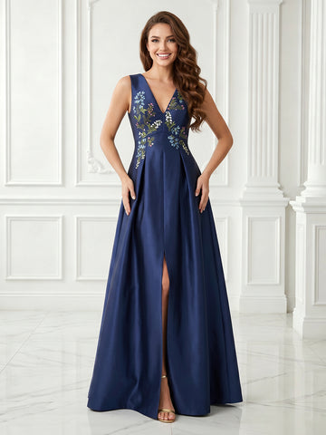 A Line V Neck Satin Embroidery Sleeveless Long Evening Dresses with Slit