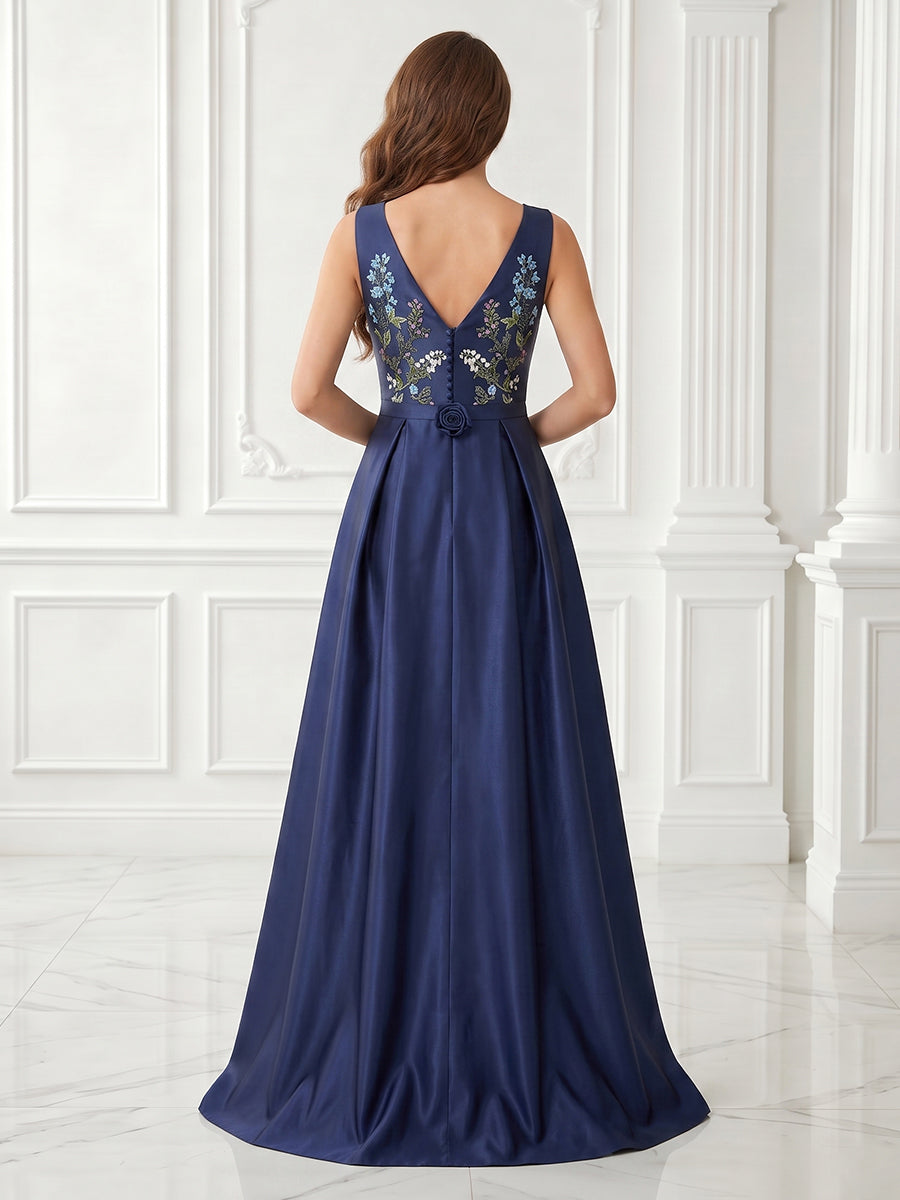 A Line V Neck Satin Embroidery Sleeveless Long Evening Dresses with Slit