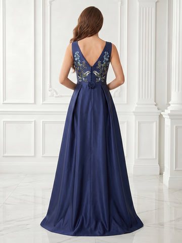 A Line V Neck Satin Embroidery Sleeveless Long Evening Dresses with Slit