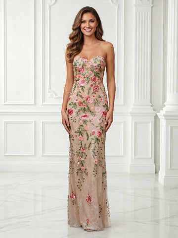 Tulle Sheath Strapless Embroidery Sleeveless Long Evening Dresses