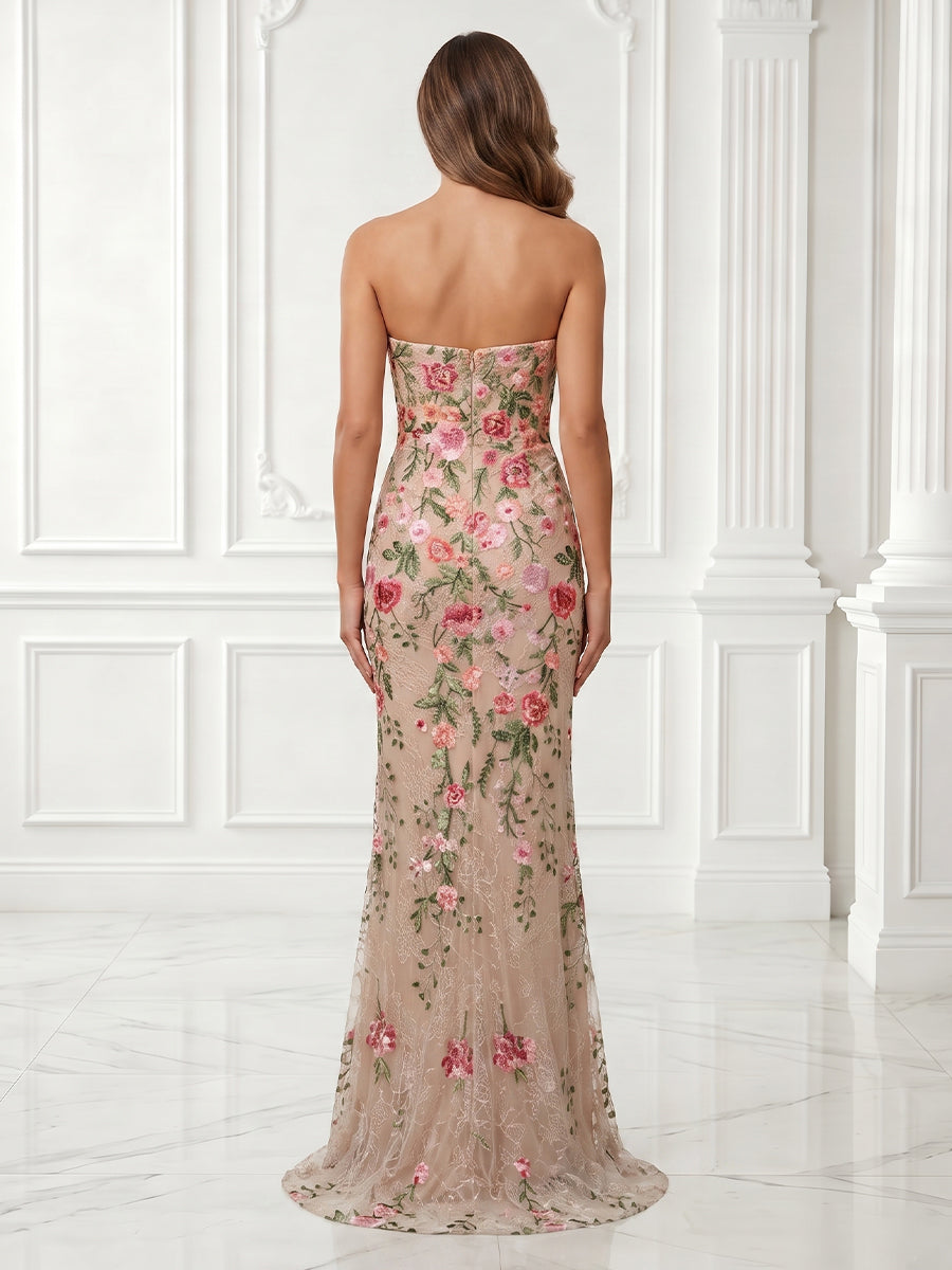 Tulle Sheath Strapless Embroidery Sleeveless Long Evening Dresses